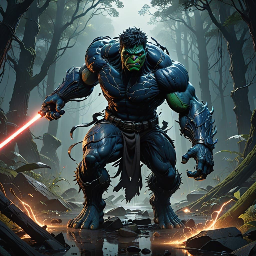 Hulk Symbiote Blue Wields Radiant Lightsaber in Mystical Env...