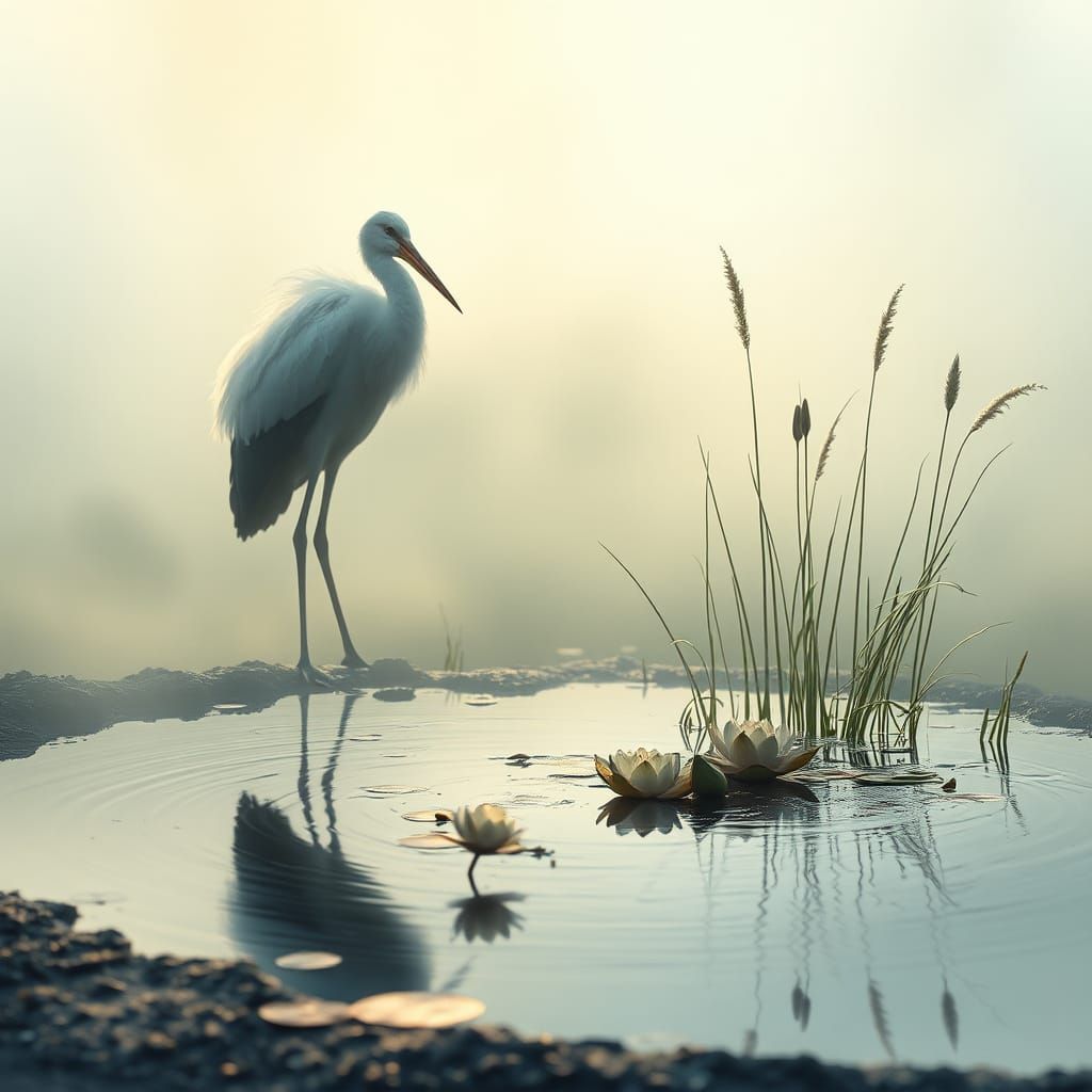 Ethereal Puddle Scene with Stork in Dawn Light