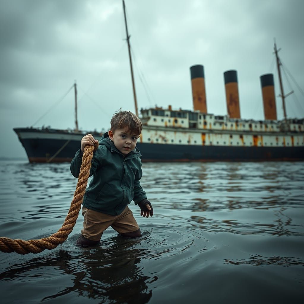 Boy and Ship: Moody, Atmospheric Scene