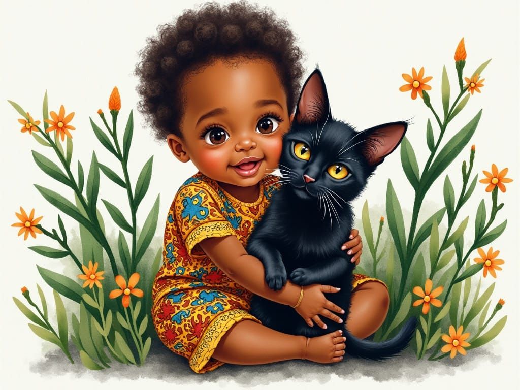 Joyful Afrocentric Watercolor Portrait of Curious Baby and C...