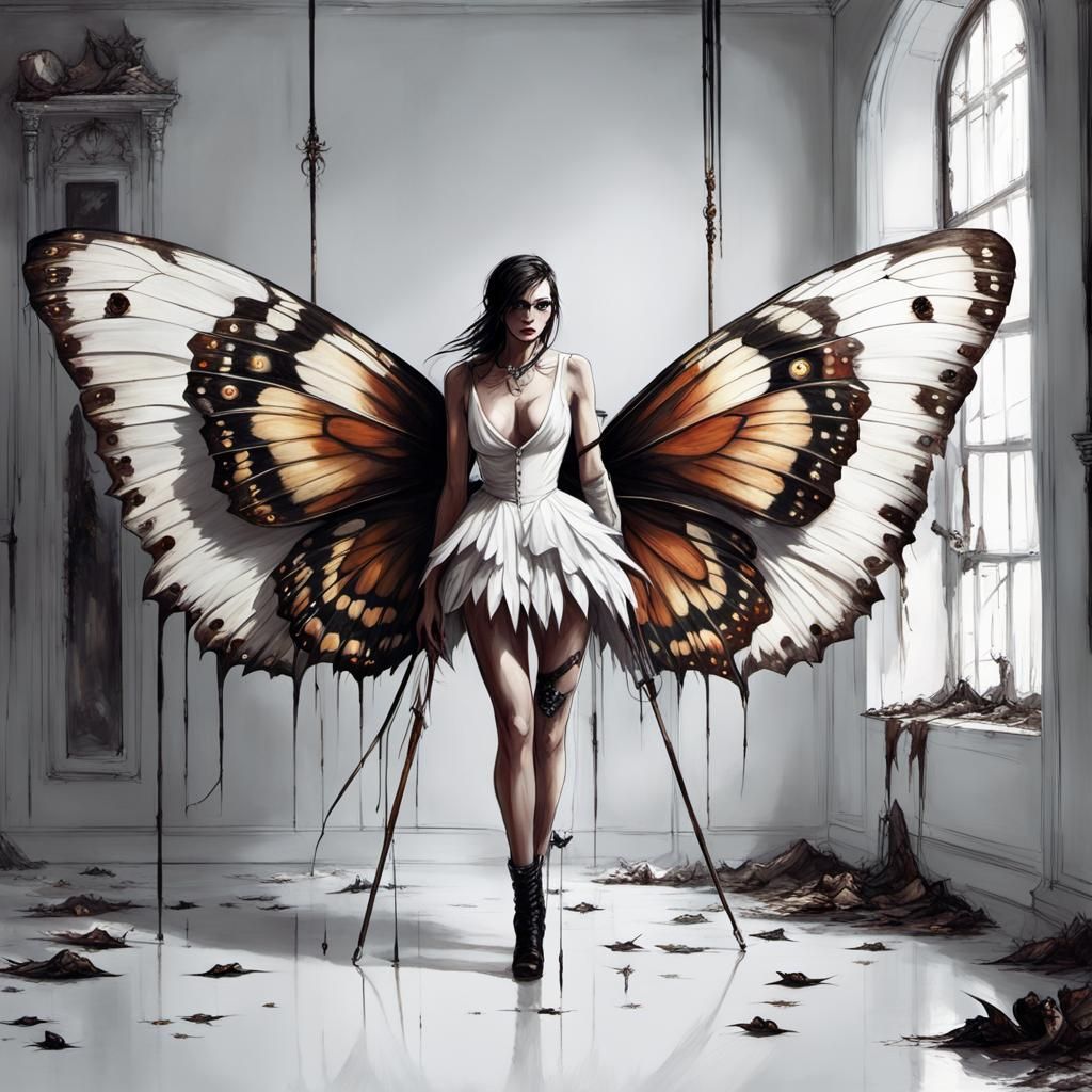 Macabre Butterfly Girl Pinned to Floor: Horror Art
