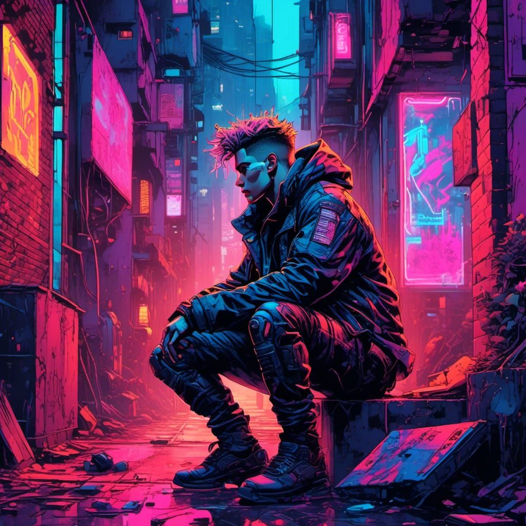 Cyberpunk Male in Dystopian Neon Alleyway, Glitchcore Art