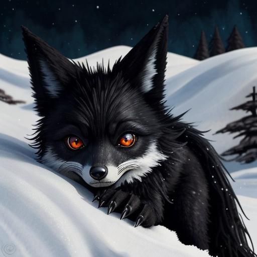 Undead Black Fox in Frozen Winter Scene as Watercolor