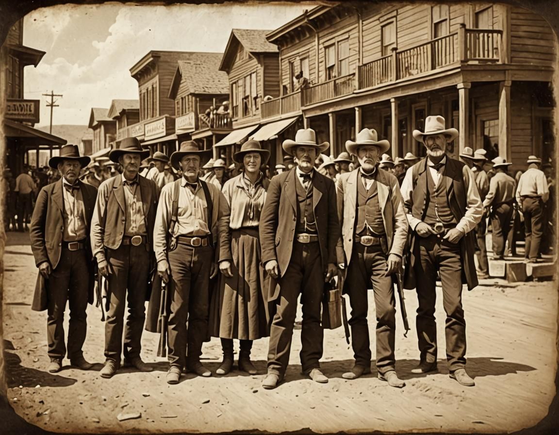 Old Western Town People in Sepia Tone