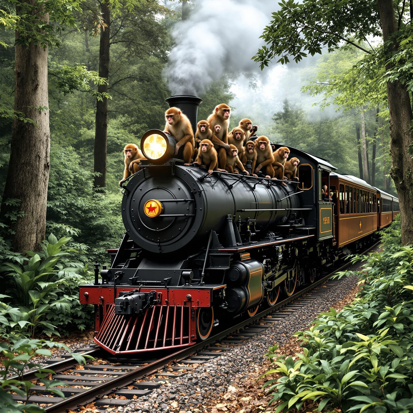 Monkeys Ride Steam Train Through Enchanted Forest