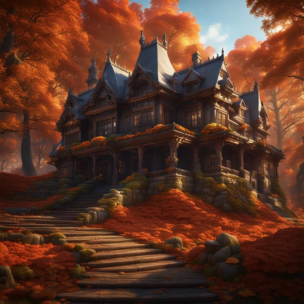 Fall Mansion with Trees, Detailed Matte Painting