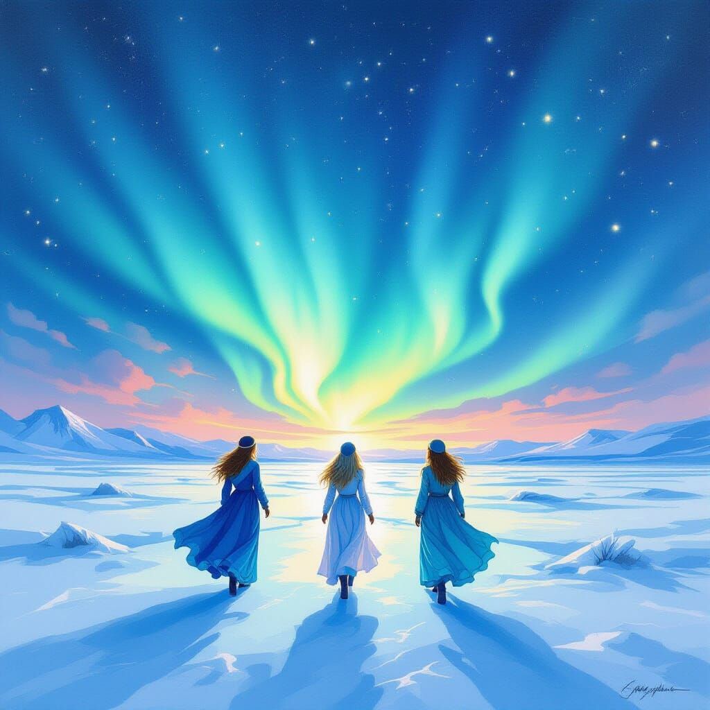 Gouache Fairies Under Aurora Borealis on Icy Tundra