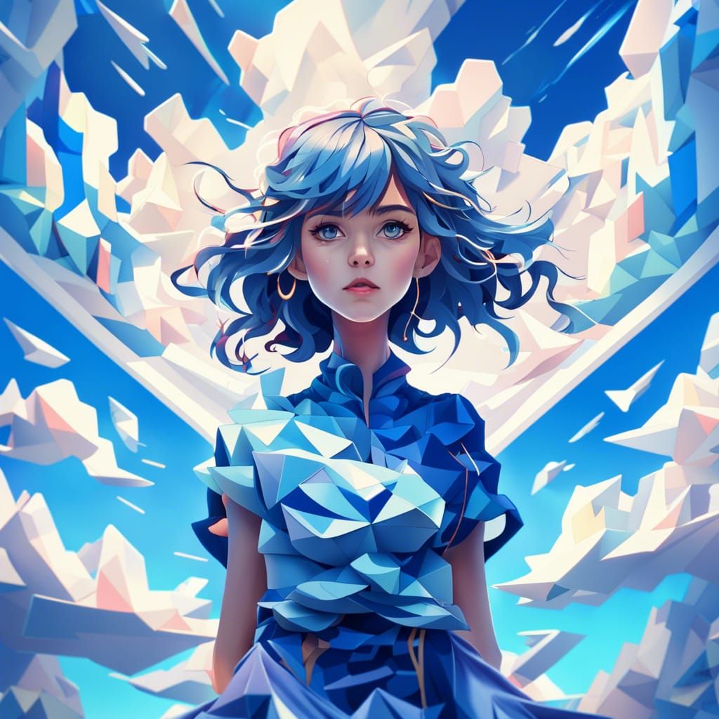 Anime Girl in Blue Sky Geometric Landscape