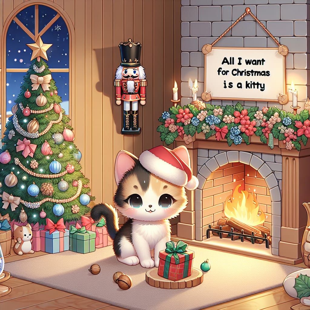 Cute Cartoon Kitten by Christmas Fireplace in 3D