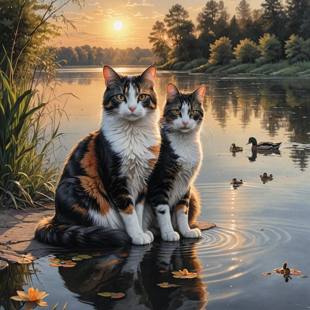 Calico Cat Watches Duck at Sunset: Charcoal Drawing