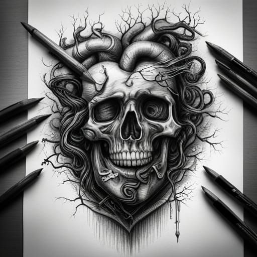 Hyperdetailed Charcoal Drawing of a Black Heart