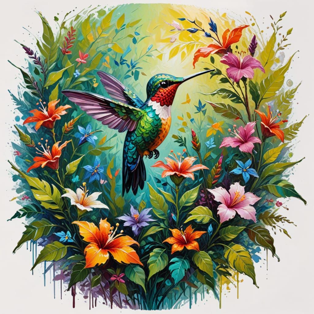 Vibrant Hummingbird in Paradise: Oil Painting with Thick Tex...