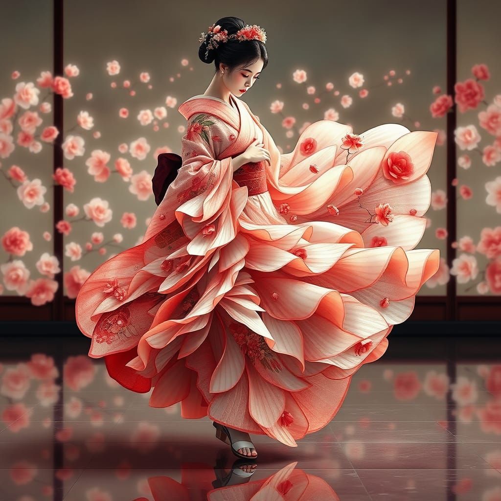 Geisha in Floral Kimono Dancing, Impasto Painting Style