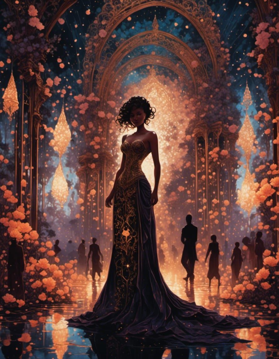 Cyberpunk Gown with Golden Details in Comic Book Style