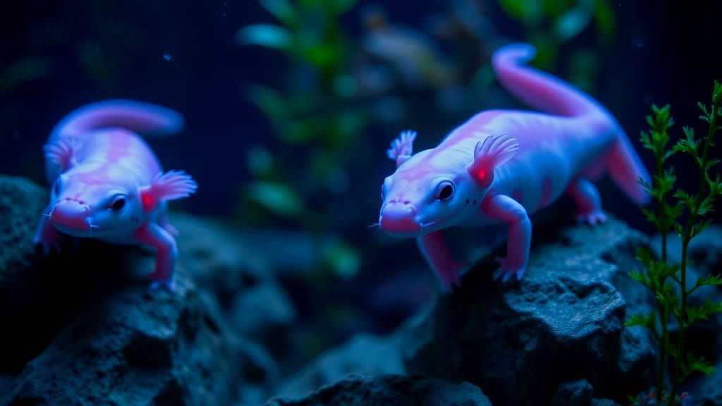 Axolotls in UV Blacklight Aquarium Scene
