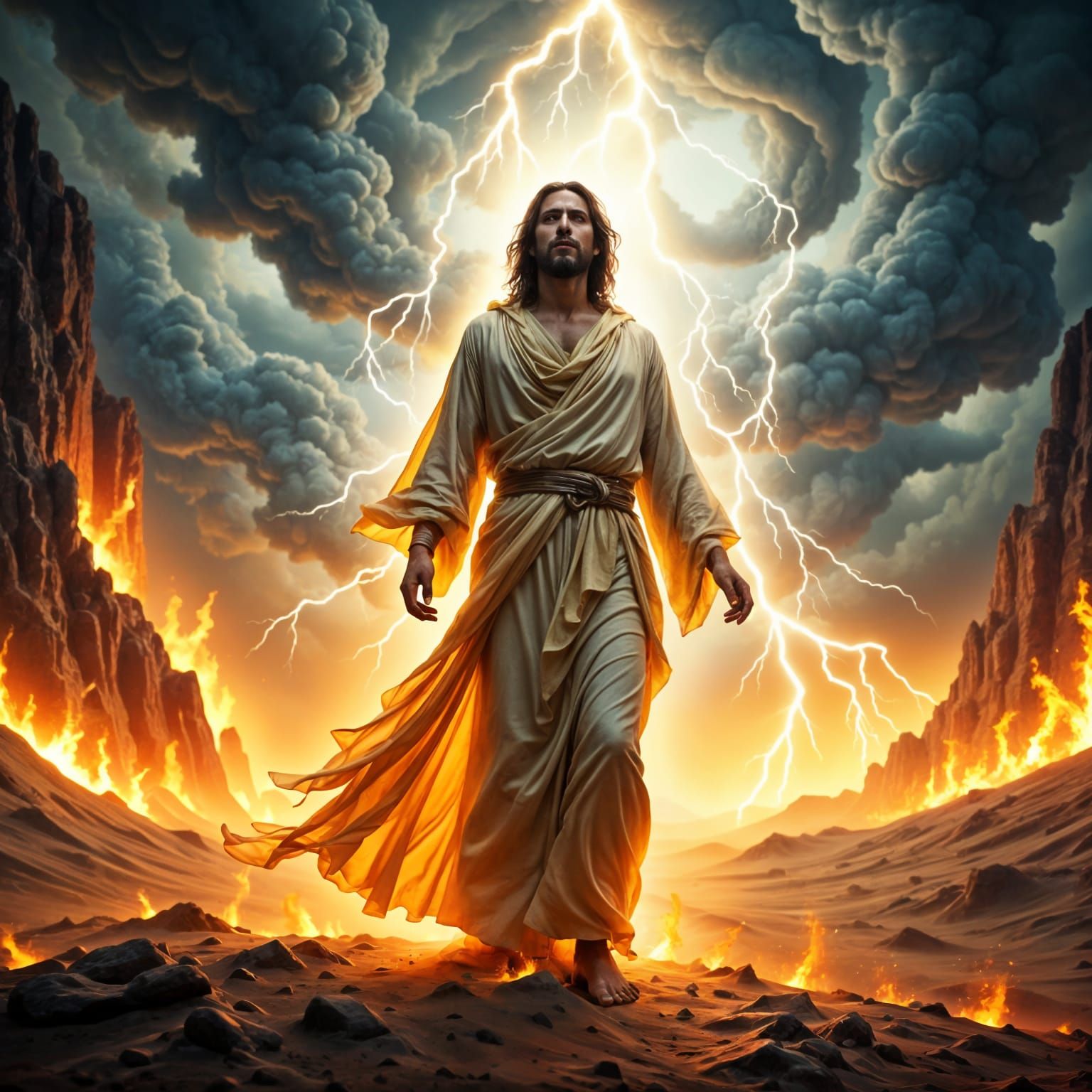 Jesus Amidst a Desert Storm, Radiant with Divine Light
