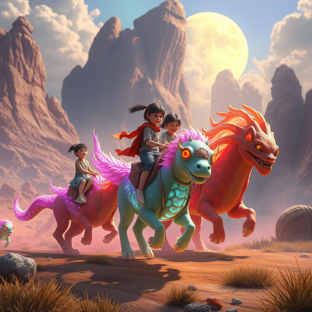 Children Riding Glowing Creatures in Dreamscape Landscape
