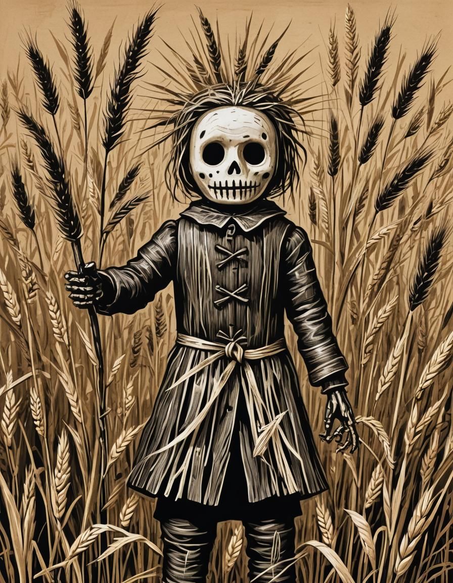 Creepy New England Poppet in Folk Art Woodcut Style