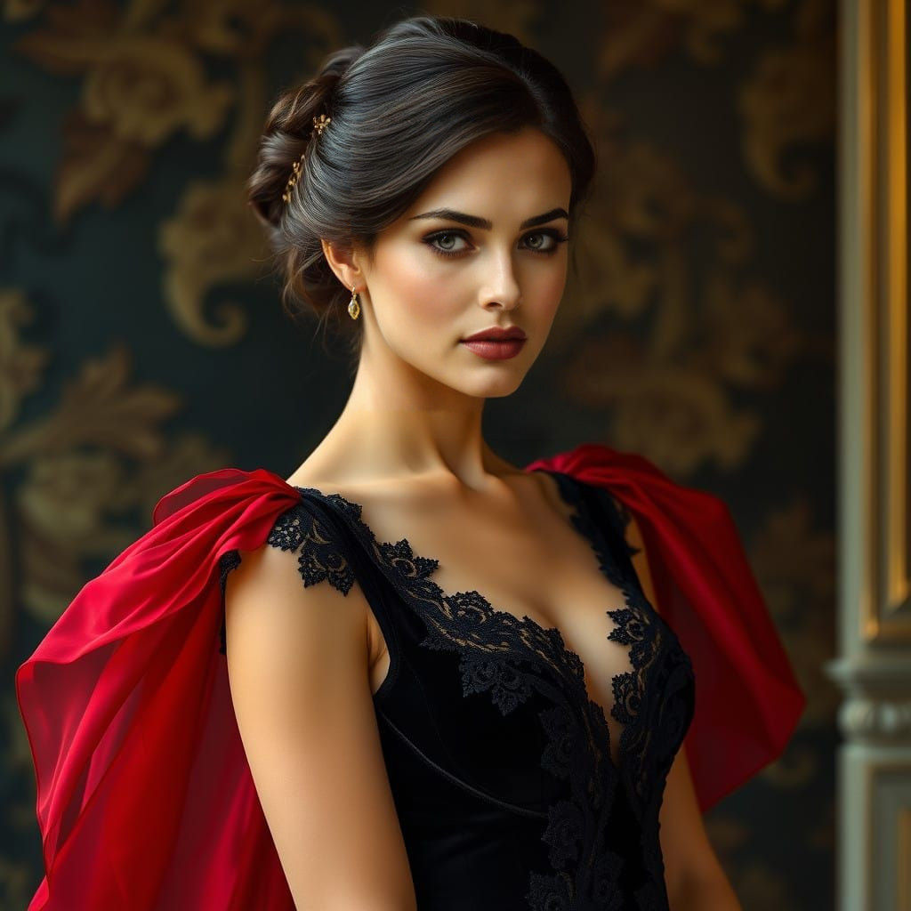 A tall, slender woman in a Belle Époque gown of deep black velvet and dark red silk, flowing gracefully with intricate l...