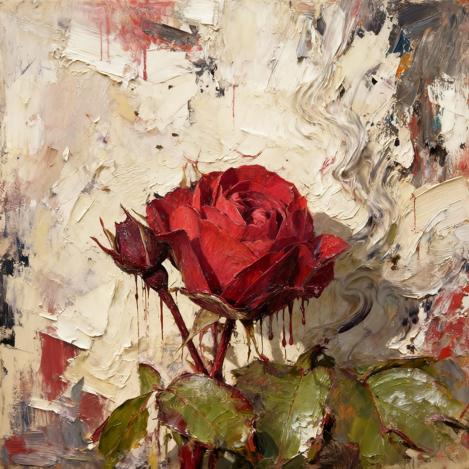 Surreal Abstract Red Rose Impasto Oil Painting