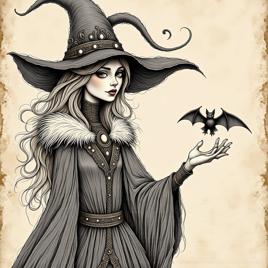Magical Enchantress with Bat Creature in Fantasy Illustratio...