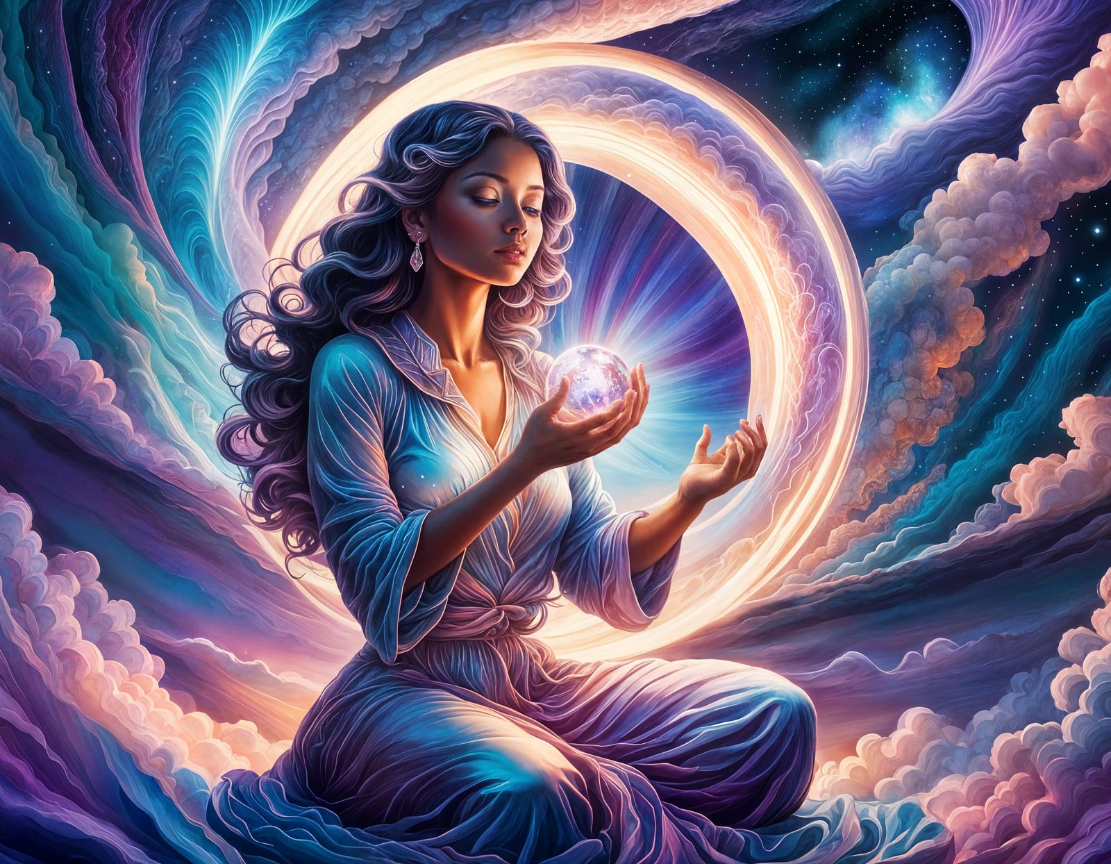 Woman Holds World: Cosmic Holographic Illustration