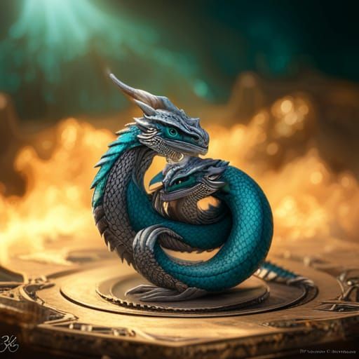 Mini Teal Dragon's Silver Ring Embrace