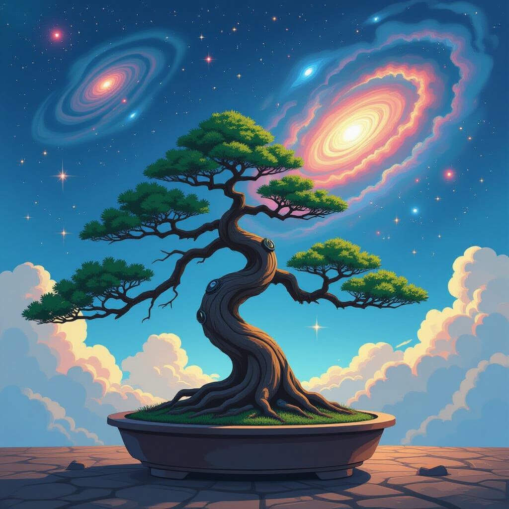 Cosmic Bonsai Tree in Takashi Murakami Style