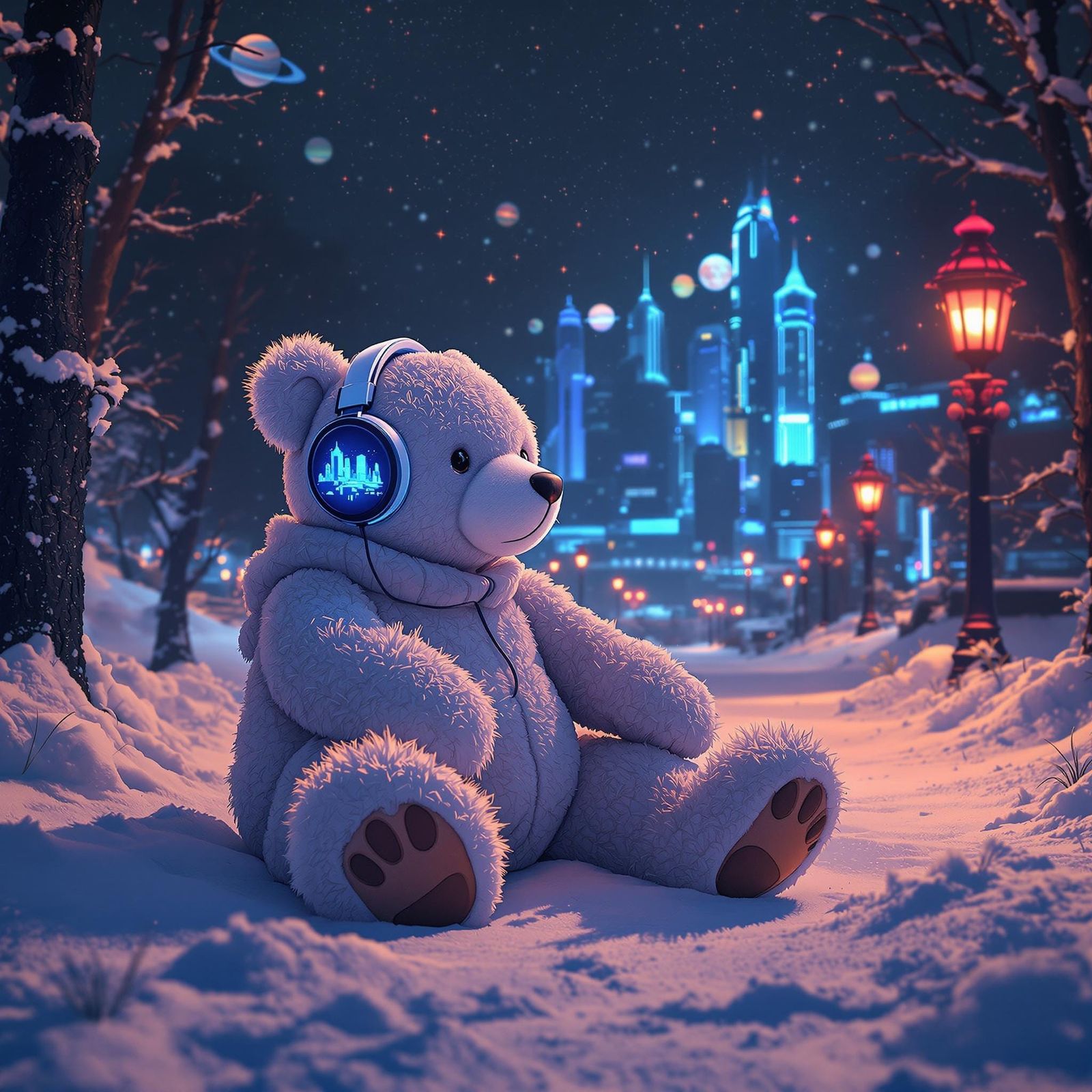 Cyberpunk Teddy Bear with Cityscape Headphones