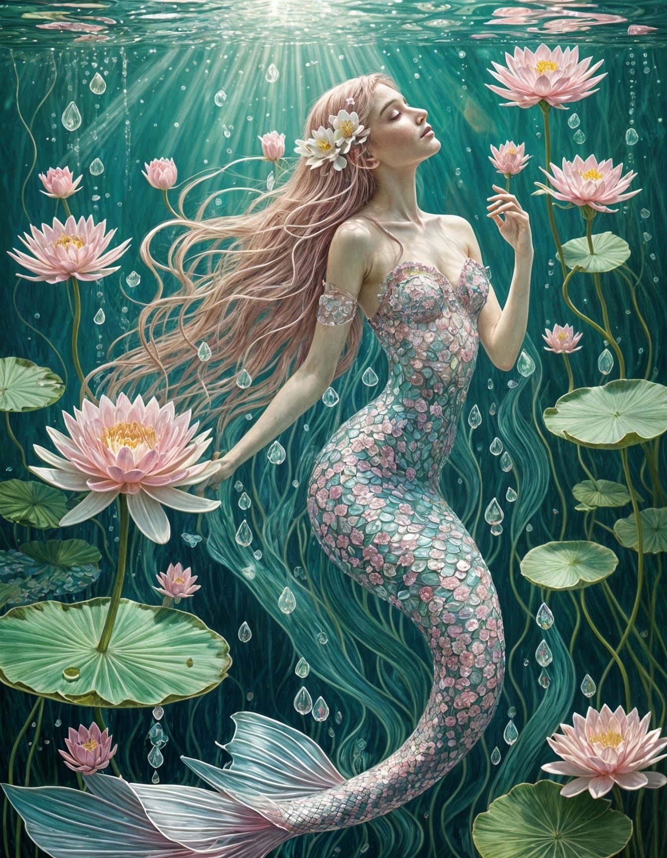Underwater Mermaid with Flowers, Art Deco Style