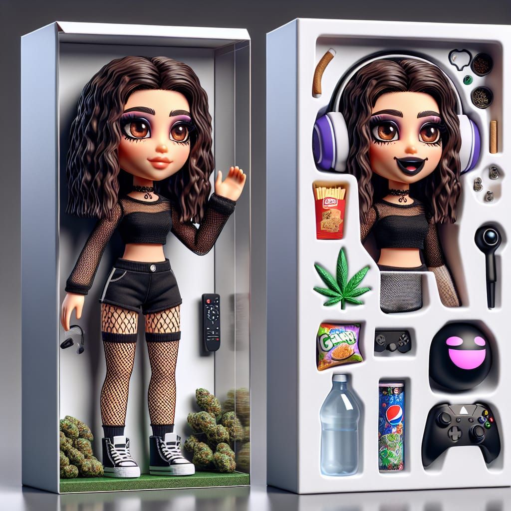 Gamer Girl Doll in Display Case, 3D Render