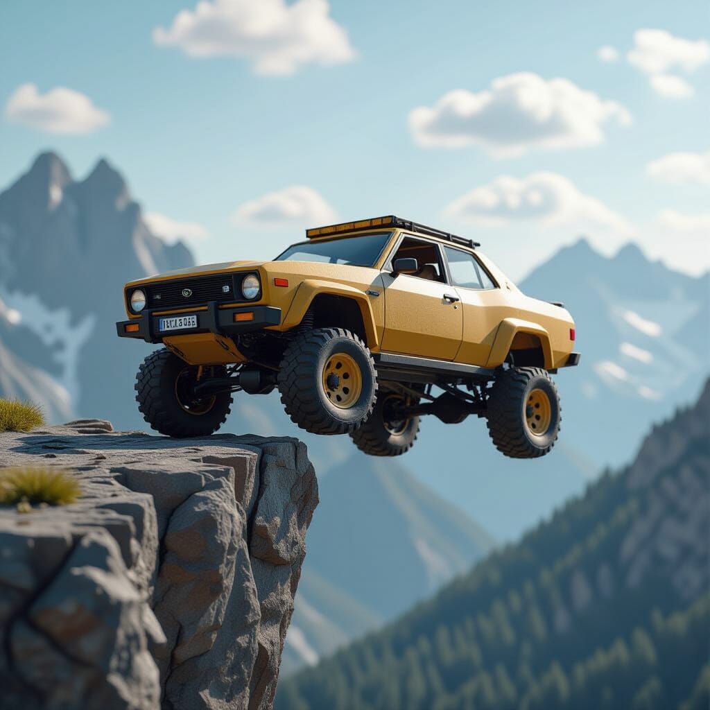 Wooden Vehicle Soars Off Cliff in 3D Style