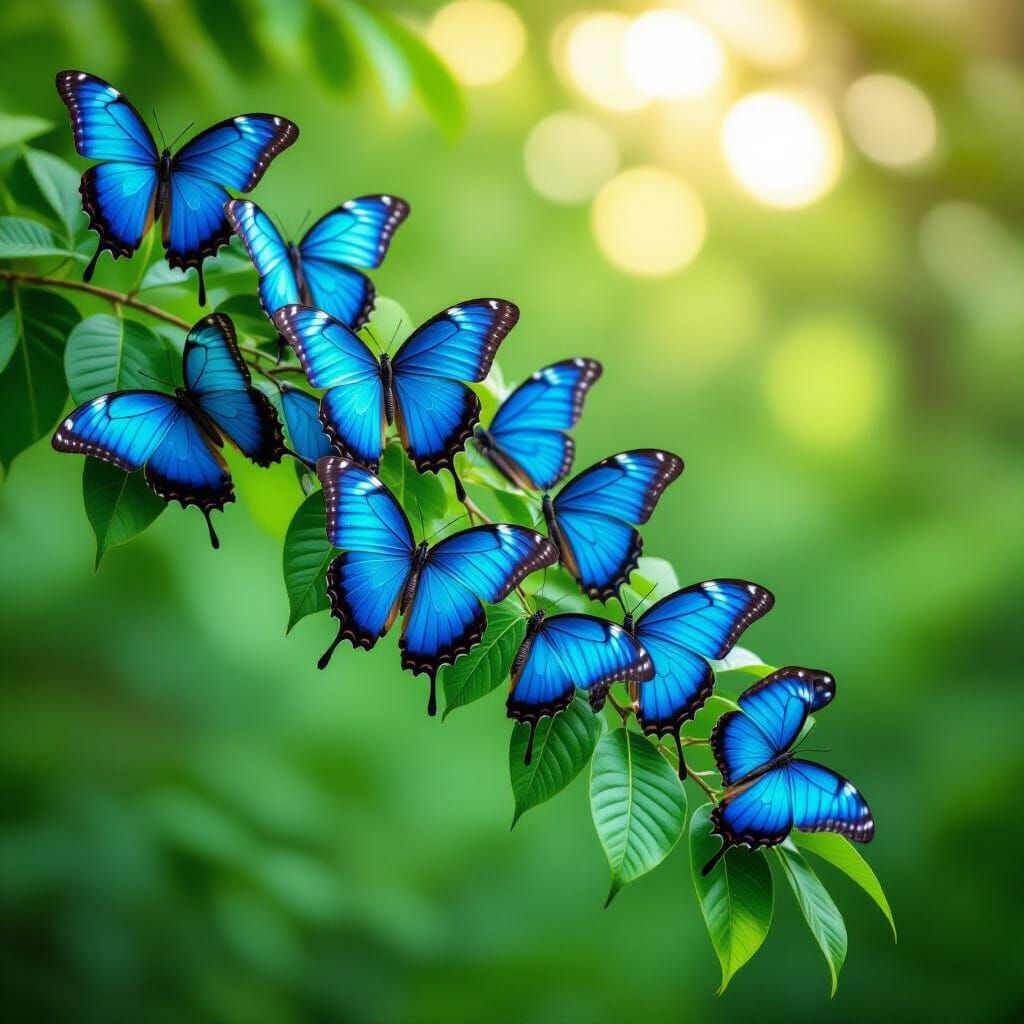 Dozens of Blue Morpho Butterflies on a Lush Green Tree