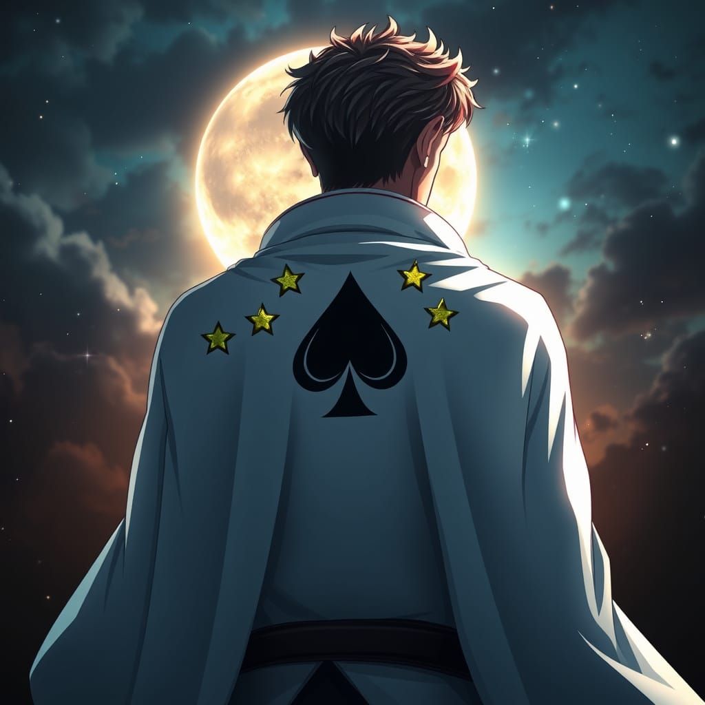 Anime Hero in Majestic White Cloak with Celestial Symbols