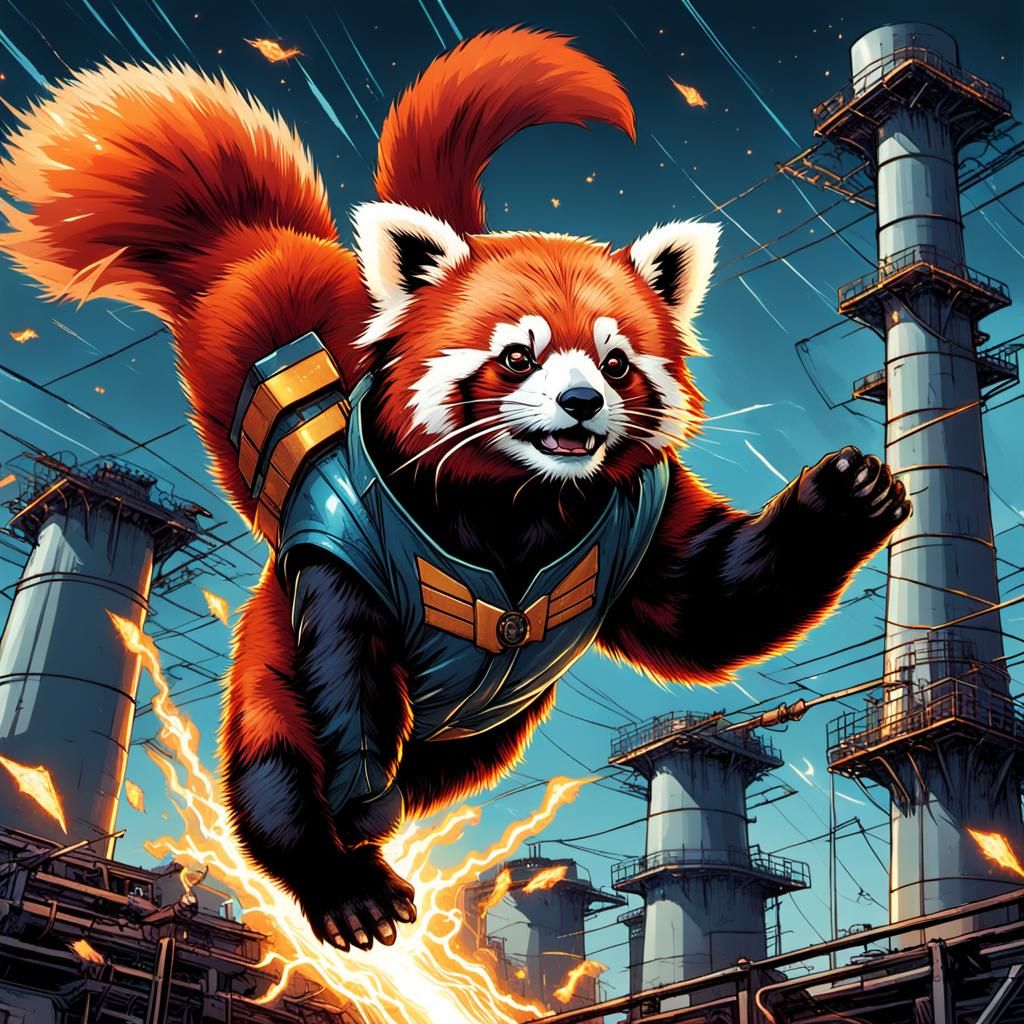Red Panda Yokai Soaring Over Power Station