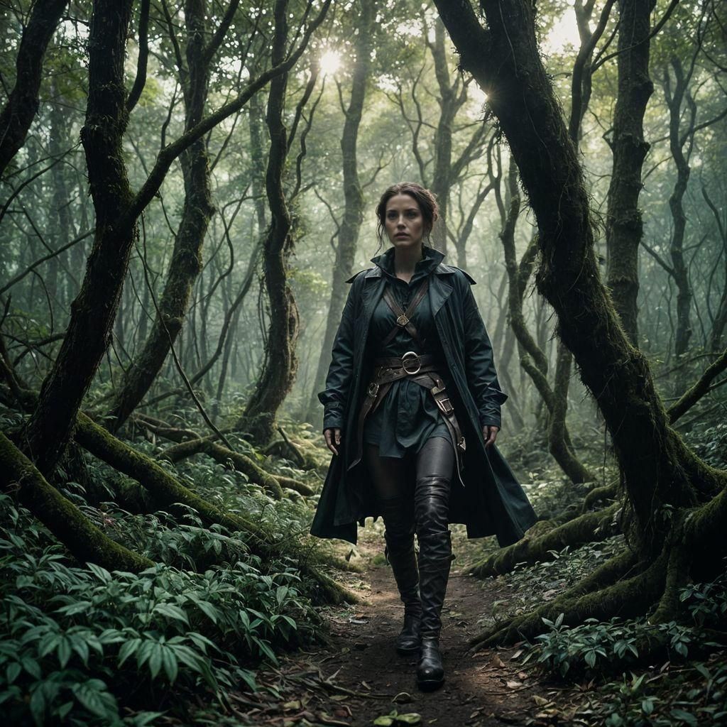 Fantasy Woman Stalking Through Dark Forest: Cinematic Portra...