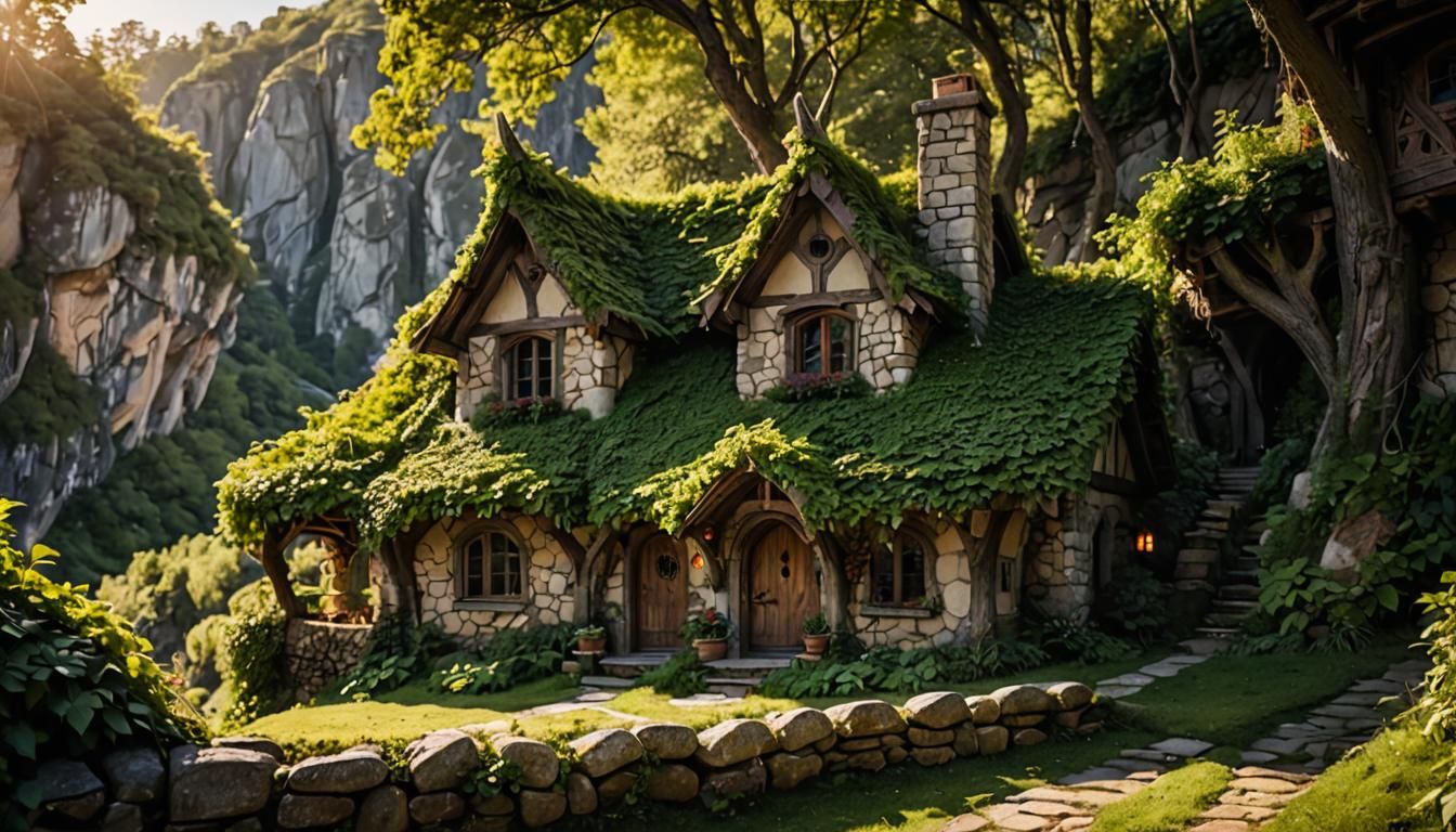 Fairytale Elven Cottage on Cliff in Sunlight