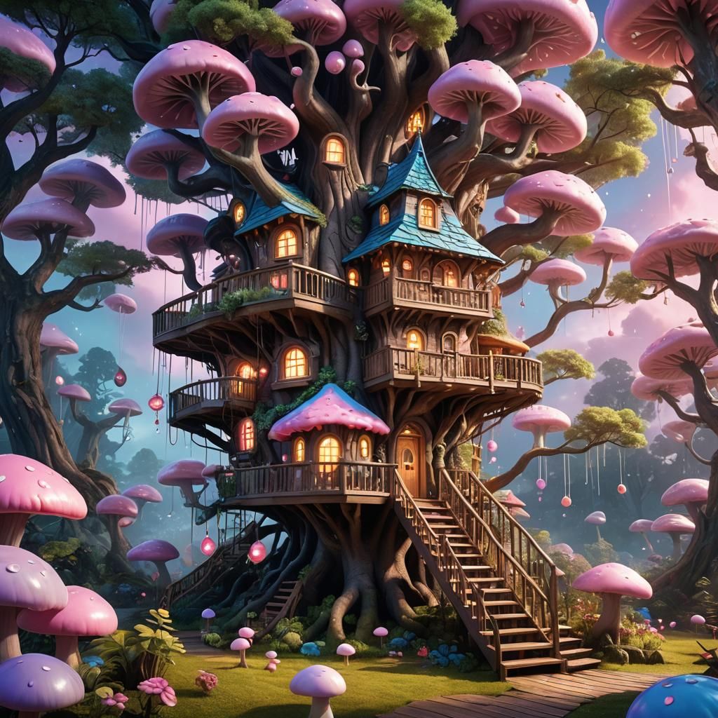 Fantasy Alien Treehouse in Enchanted Forest: 3D Illustration