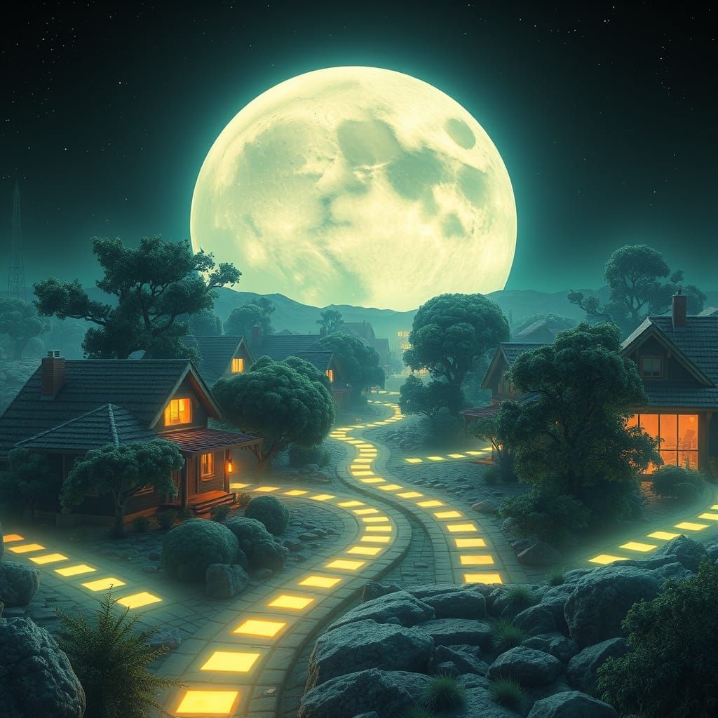 Moonlit Cyberpunk Oasis with Glowing Pathways and Smart Tech