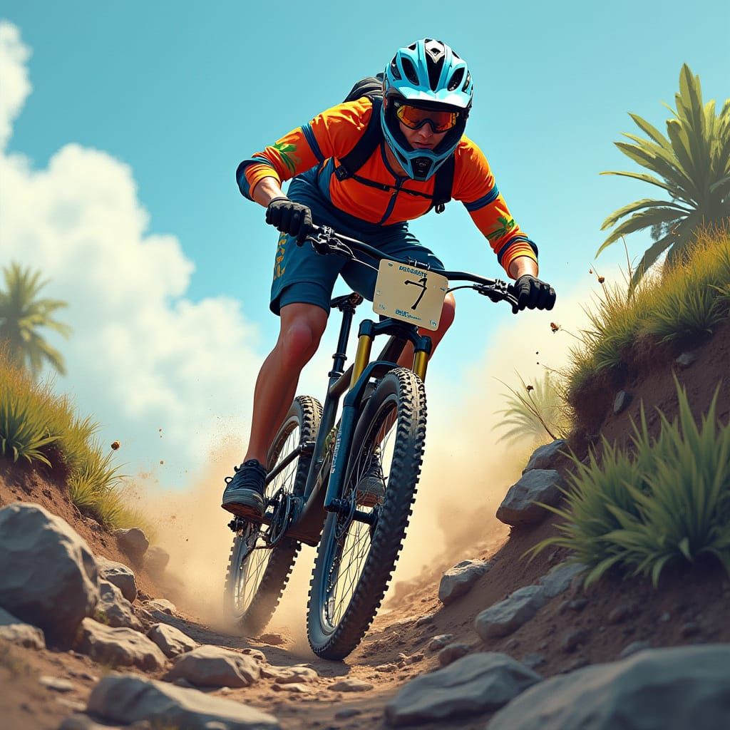 Mountain Biker Downhill Race in Stylized Illustration