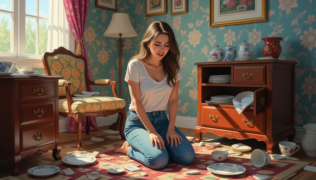 Woman Kneeling in Grief Amidst Chaos