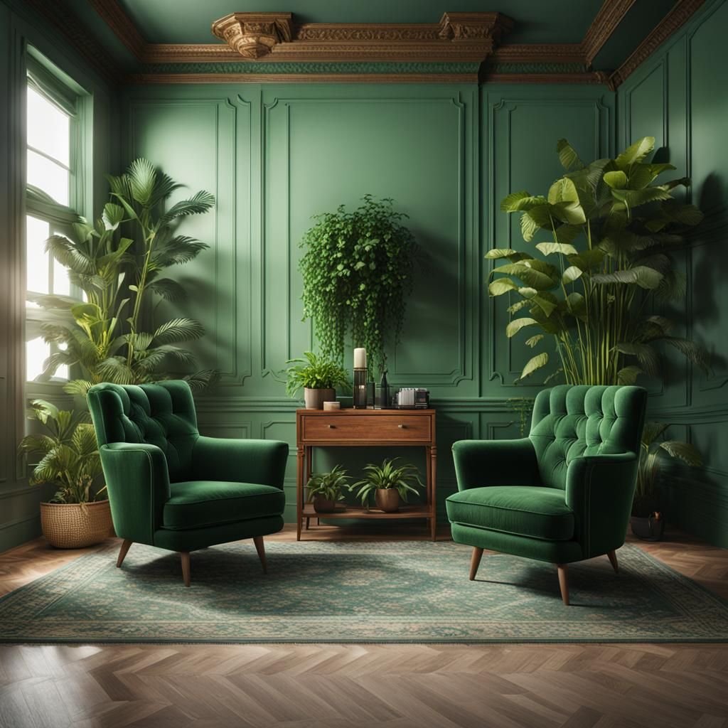 Podcast Room with Green Chairs and Plants