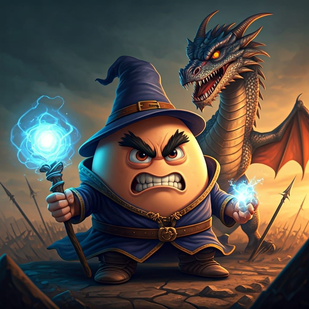Furious Egg Wizard with Dragon in 3D