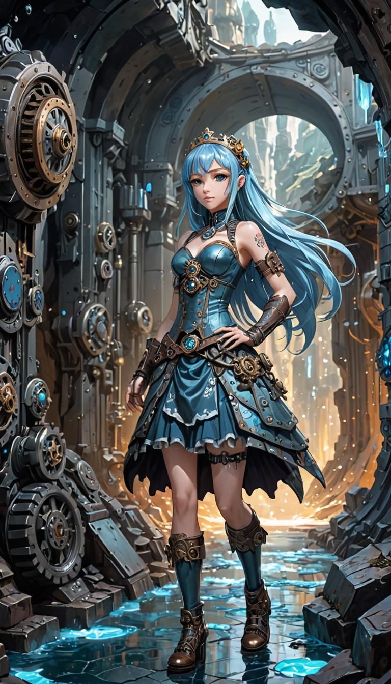 Steampunk Princess in Mechanical Cave: Anime Art