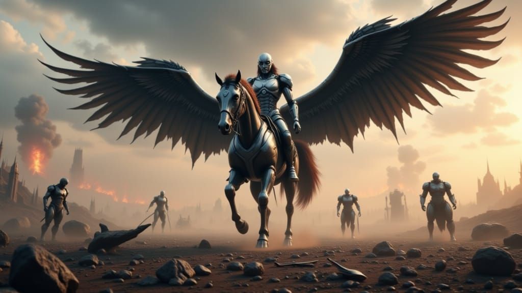 Robot Valkyrie Rides Winged Horse Over Battlefield