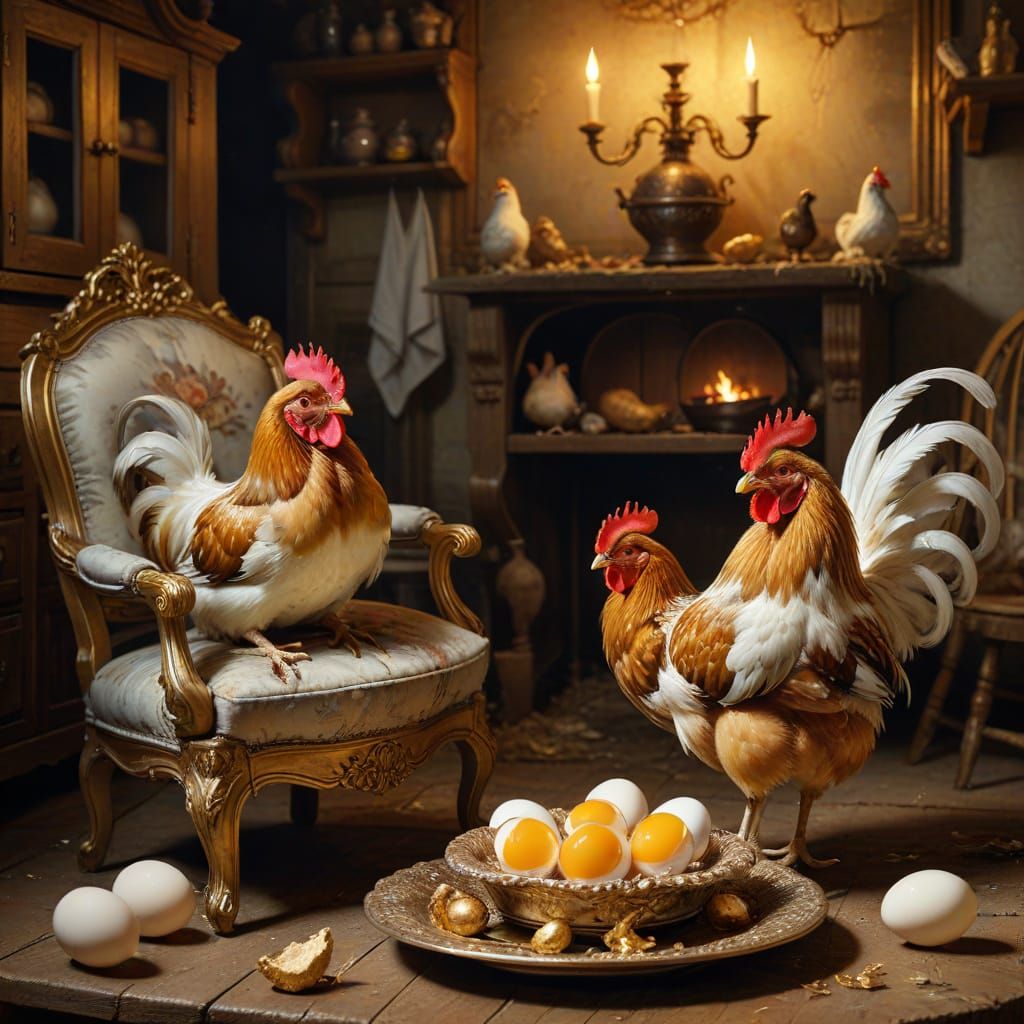 Chickens Enjoy Tea in Baroque Armchairs, Oil Painting