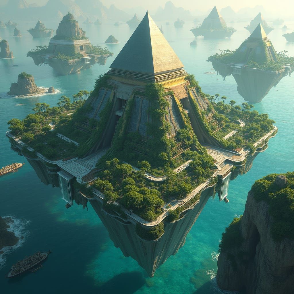 Futuristic Floating City of Obsidian Pyramids