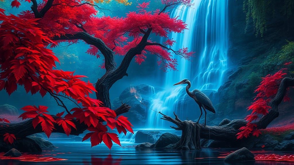 Neon Waterfall and Ancient Tree Digital Painting