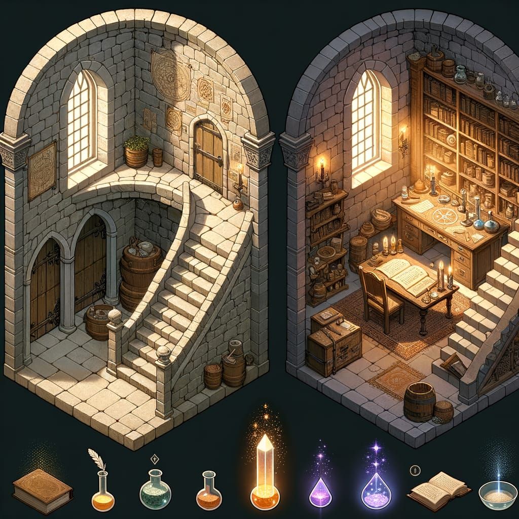 Isometric Castle Stairwell and Alchemy Study