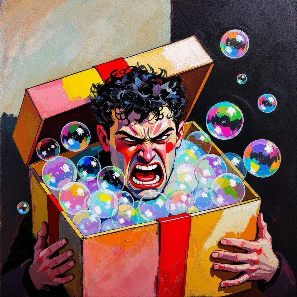 Angry Person Trapped in Soap Bubble Gift Box Oil Painting
